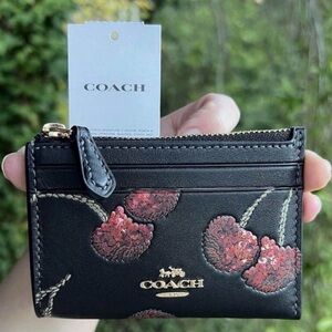 COACH Mini Skinny Id Case Leather Cardholder Wallet w Cherry Print NWT AUTHENTIC